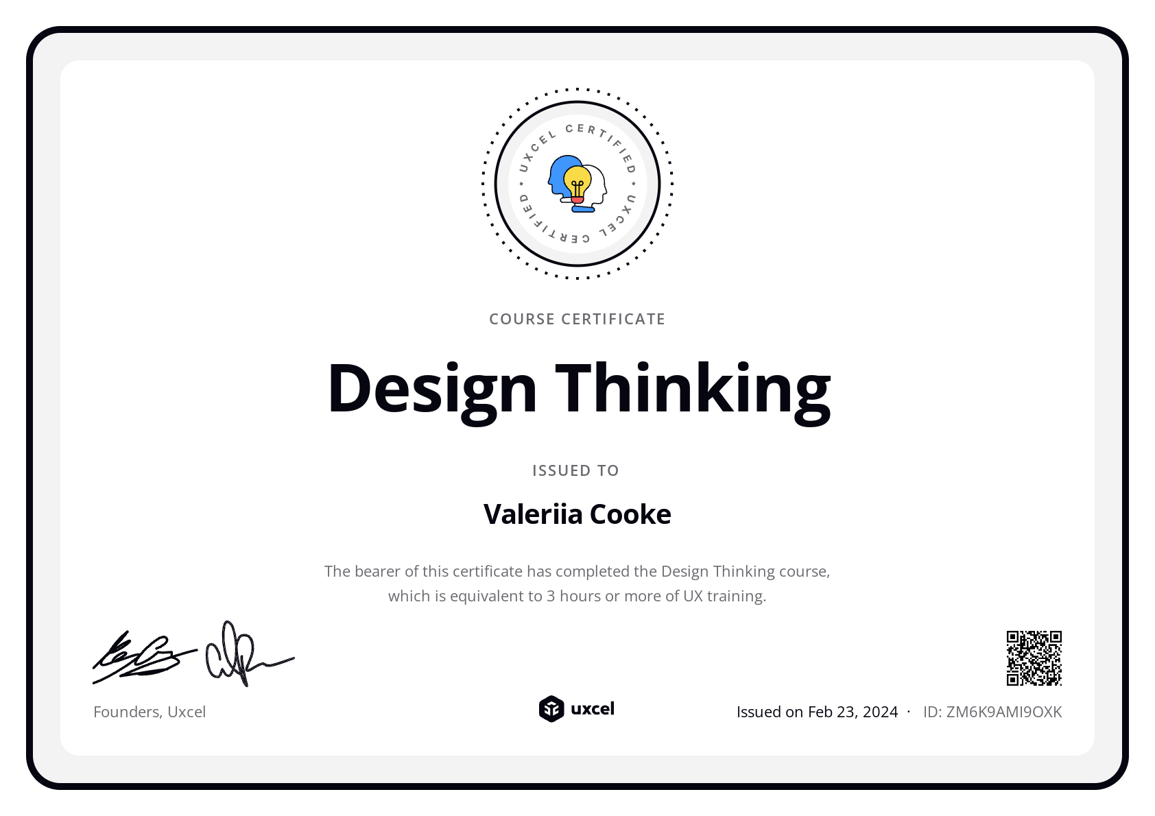 Valeriia Cooke's certificate